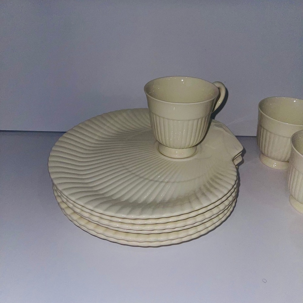 Wedgwood Edme Shell Snack Plate Cup VTG Creamware Snack Set Service 4 Barlaston